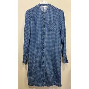 J Jill Womens Denim Dress Blue Check Print Button Front Long Tab Size XS